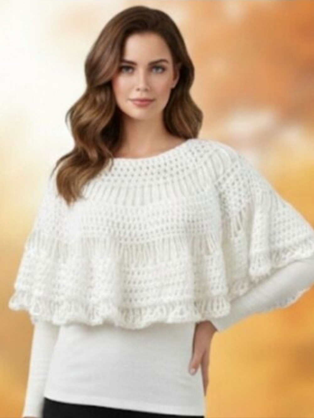 Handmade White Crochet Ruffle Beach Top Boho Sheer 3-in-1 Poncho Cover-Up Open